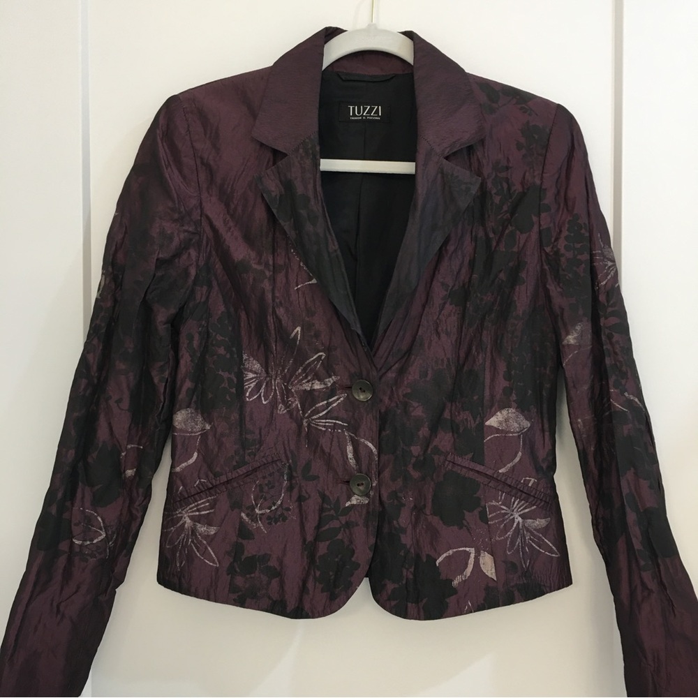 Tuzzi blazer. Plum with black and grey/silver floral. Size 8.